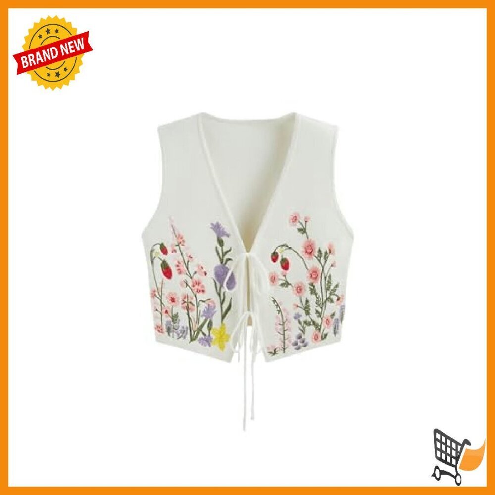 Floral Embroidery Tie Front Sweater Vest Sleeveless Knit Top - Picture 2 of 7